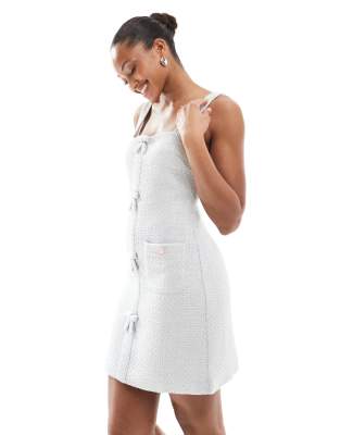 The Frolic Exclusive Boucle Bow Detail Square Neck Mini Dress In Blue