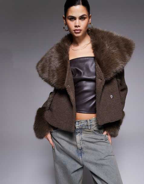 The Frolic exclusive bouclé faux fur oversized collar and cuff detailing jacket in chocolate - view 1