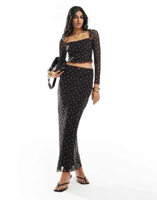 The Frolic exclusive bow detail mesh maxi skirt in black cherry print (part of a set)    