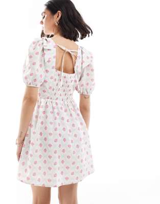 The Frolic Exclusive Bow Shoulder Puff Sleeve Tie Back Mini Smock Dress In Multi