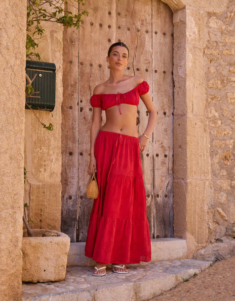 The Frolic exclusive broderie bardot tie front detail crop top and maxi skirt co-ord in red - view 1