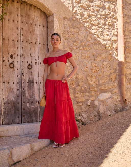 The Frolic exclusive broderie tiered maxi skirt in red - part of a