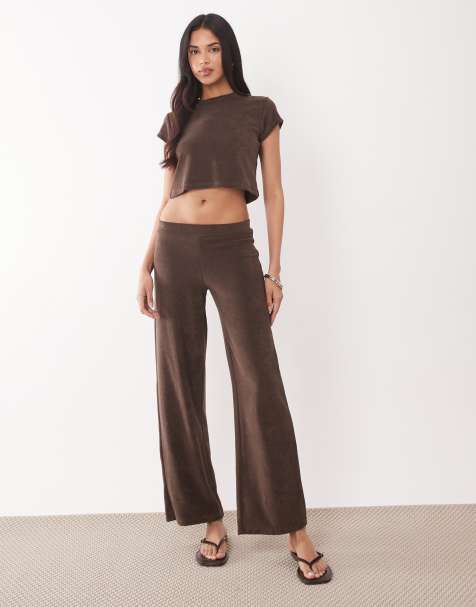 The Frolic - Exclusive - Broek van katoenrijke badstof met lage taille en wijde pijpen in chocoladebruin, deel van co-ord set - view 1