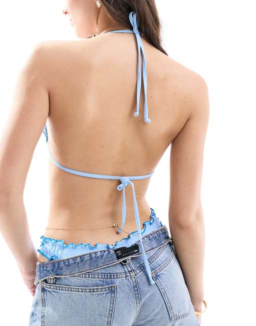 The Frolic exclusive brooke lettuce contrast edge bow detail bikini top in pastel blue   