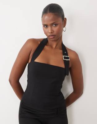 The Frolic Exclusive Buckle Detail Halter Neck Top In Black