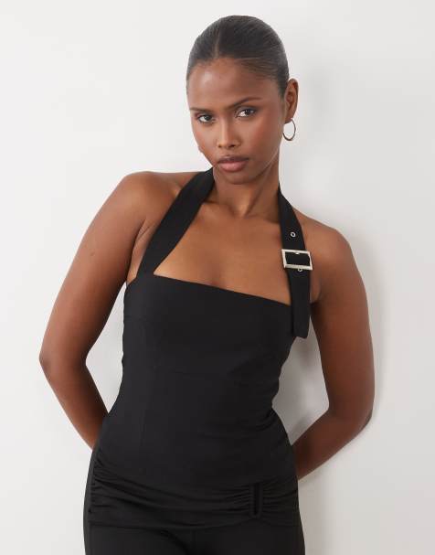 The Frolic exclusive buckle detail halter neck top in black - view 1