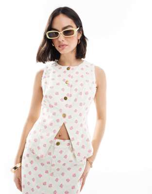 The Frolic The Frolic exclusive button through split front denim waistcoat co-ord in cream and pink floral-Multi