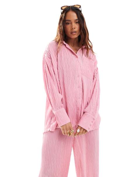 The Frolic exclusive button through textured beach shirt co-ord in pink - view 1