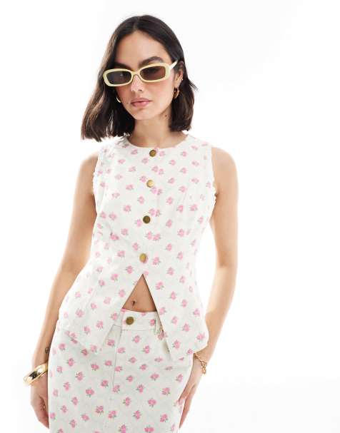 The Frolic exclusive button up split front denim vest in cream and pink floral - part of a set - view 1