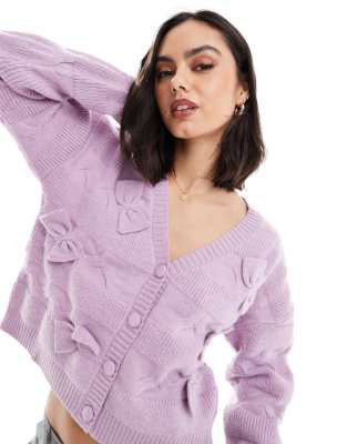 exclusive cable knit bow detail button through cardigan in lilac-Purple