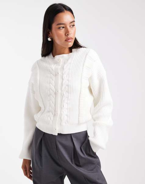 The Frolic exclusive cable knit faux pearl button up scallop trim cardigan in cream - view 1