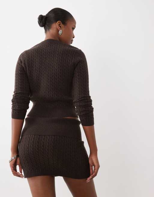 The Frolic exclusive cable knit mini skirt co-ord in chocolate, 4 of 5