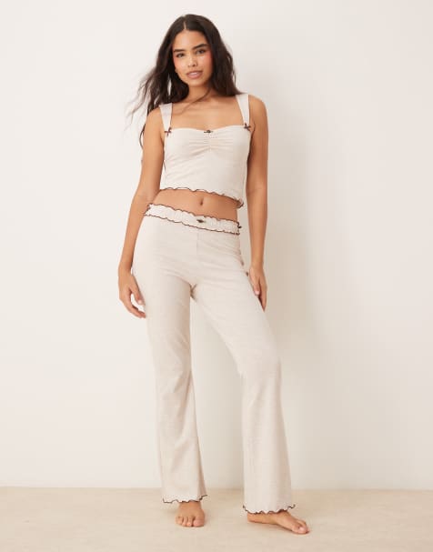 The Frolic exclusive Cady contrast lettuce edge ruched bust crop top and slim flared trousers in oatmeal marl - view 1