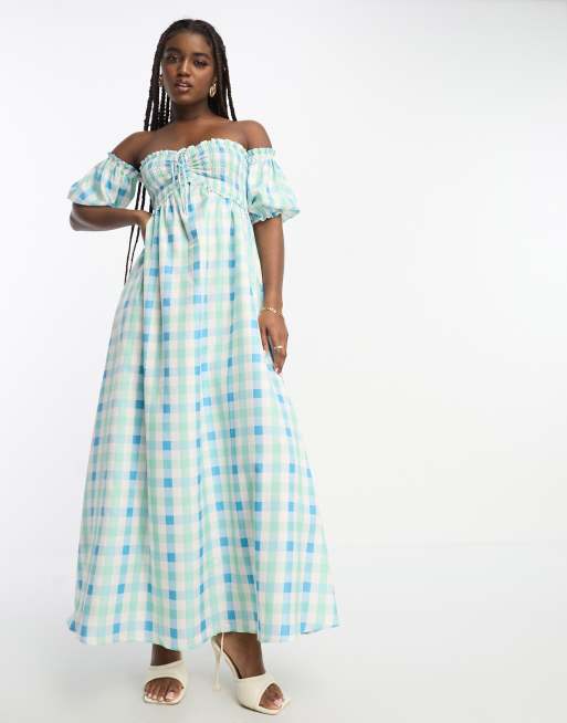 The Frolic exclusive check off-shoulder shirred maxi dress in blue 