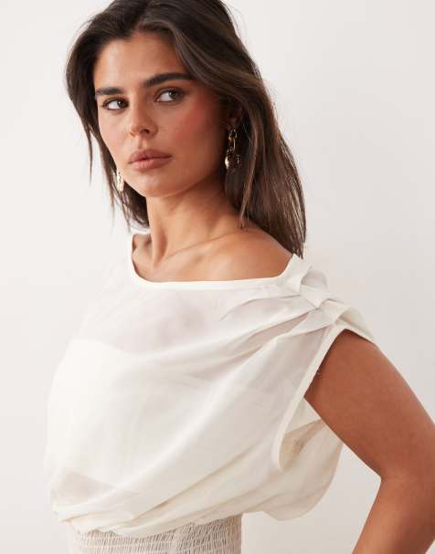 The Frolic exclusive chiffon drape off shoulder shirred waist top in white - part of a set - view 1