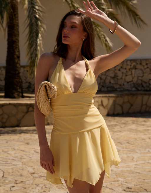 knot dress mini The Frolic exclusive chiffon hanky hem knot strap ruched waist mini dress  in lemon