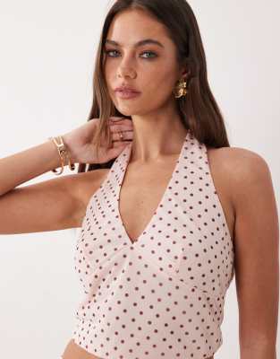 The Frolic exclusive chiffon v neck halterneck top in pink polka dot - part of a set pink 8890₽