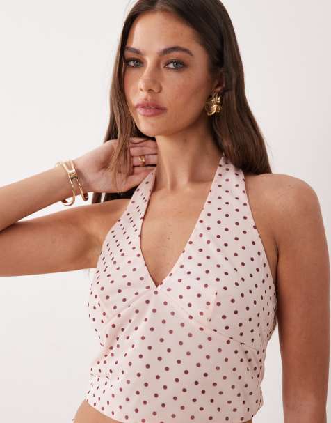 The Frolic exclusive chiffon v neck halterneck top in pink polka dot - part of a set - view 1
