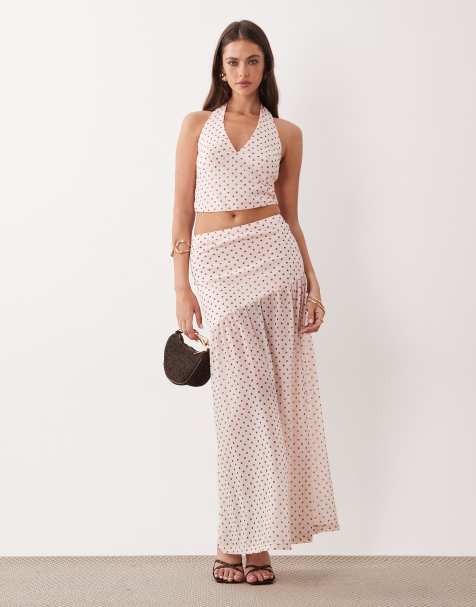 The Frolic exclusive chiffon v-neck sleeveless top, mini skirt and maxi skirt set in pink polka dot - view 1