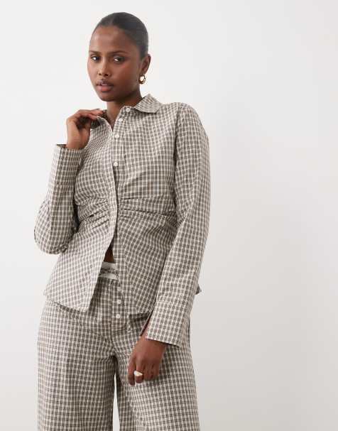 The Frolic exclusive cinch tie waist long sleeve shirt in gray plaid - part of a set - view 1