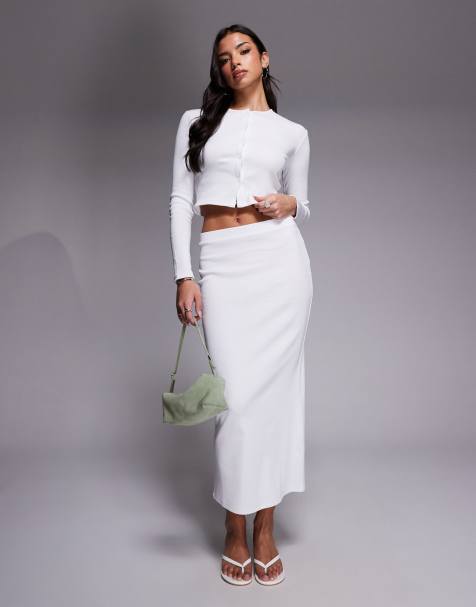 The Frolic - Exclusive - Co-ord set van geribbelde top met knoopsluiting en lange mouwen en maxi-kokerrok in wit - view 1