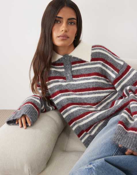 The Frolic exclusive collared knitted long sleeve rugby jumper in red stripe - view 1