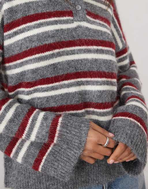 The Frolic exclusive collared knitted long sleeve rugby jumper in red stripe, 2 of 4
