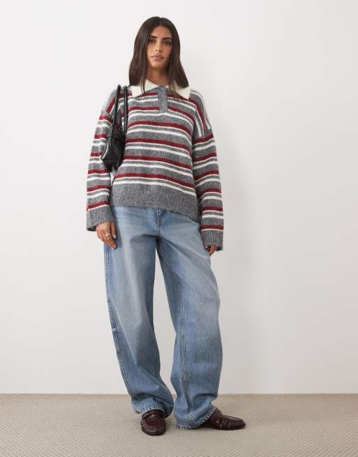 The Frolic exclusive collared knitted long sleeve rugby jumper in red stripe, 3 of 4