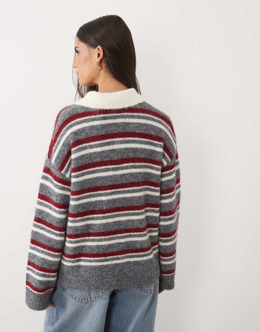 The Frolic exclusive collared knitted long sleeve rugby sweater in red stripe, 4 of 4