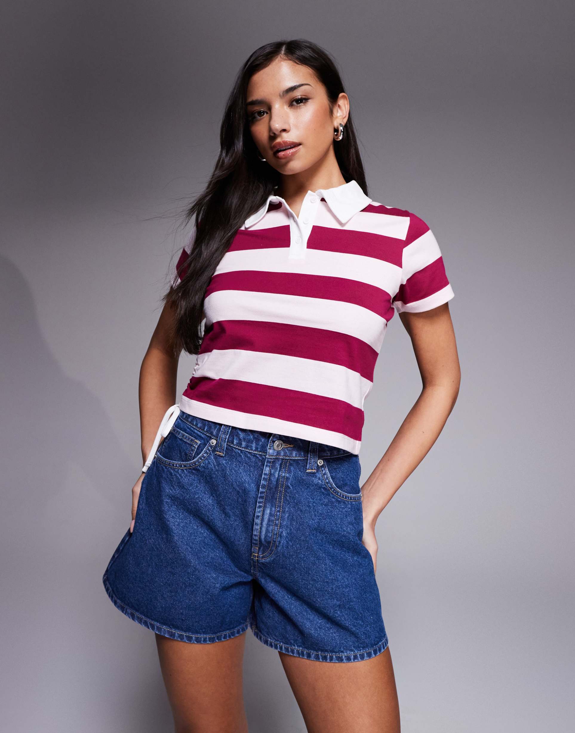 the frolic exclusive collared ruched side polo top in burgundy & pink stripe