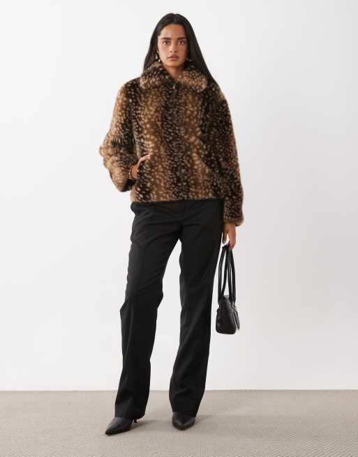 The Frolic exclusive collared zip through faux fur jacket in doe print, 3 of 4