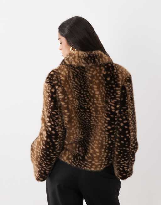 The Frolic exclusive collared zip through faux fur jacket in doe print, 4 of 4