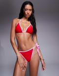 [The Frolic] The Frolic exclusive contrast binding triangle bikini top in red and pink (part of a set)-Multi 36 Red And Pink