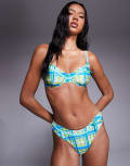 [The Frolic] The Frolic exclusive contrast bow rose trim cupped bikini top in green and blue check (part of a set)-Multi 44 Green check