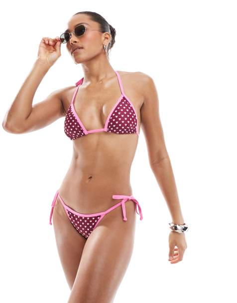 The Frolic exclusive contrast heart print bikini bottoms in burgundy and pink (part of a set) - view 1