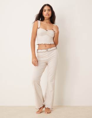 The Frolic The Frolic exclusive contrast lettuce edge slim flare pyjama lounge trouser co-ord in oatmeal marl-Neutral