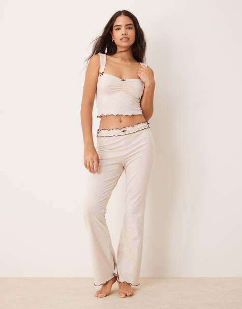 The Frolic exclusive contrast lettuce edge slim flare pyjama lounge trouser co-ord in oatmeal marl - view 1