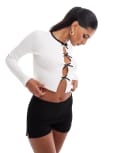 [The Frolic] The Frolic exclusive contrast ribbed bow detail cropped cardigan in cream-White 16 CREAM