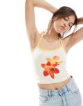[The Frolic] The Frolic exclusive contrast trim hibiscus logo print halterneck crop top in cream-White 12 CREAM