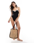 [The Frolic] The Frolic exclusive contrast trim underwire high leg swimsuit in black and white 12 BLACK