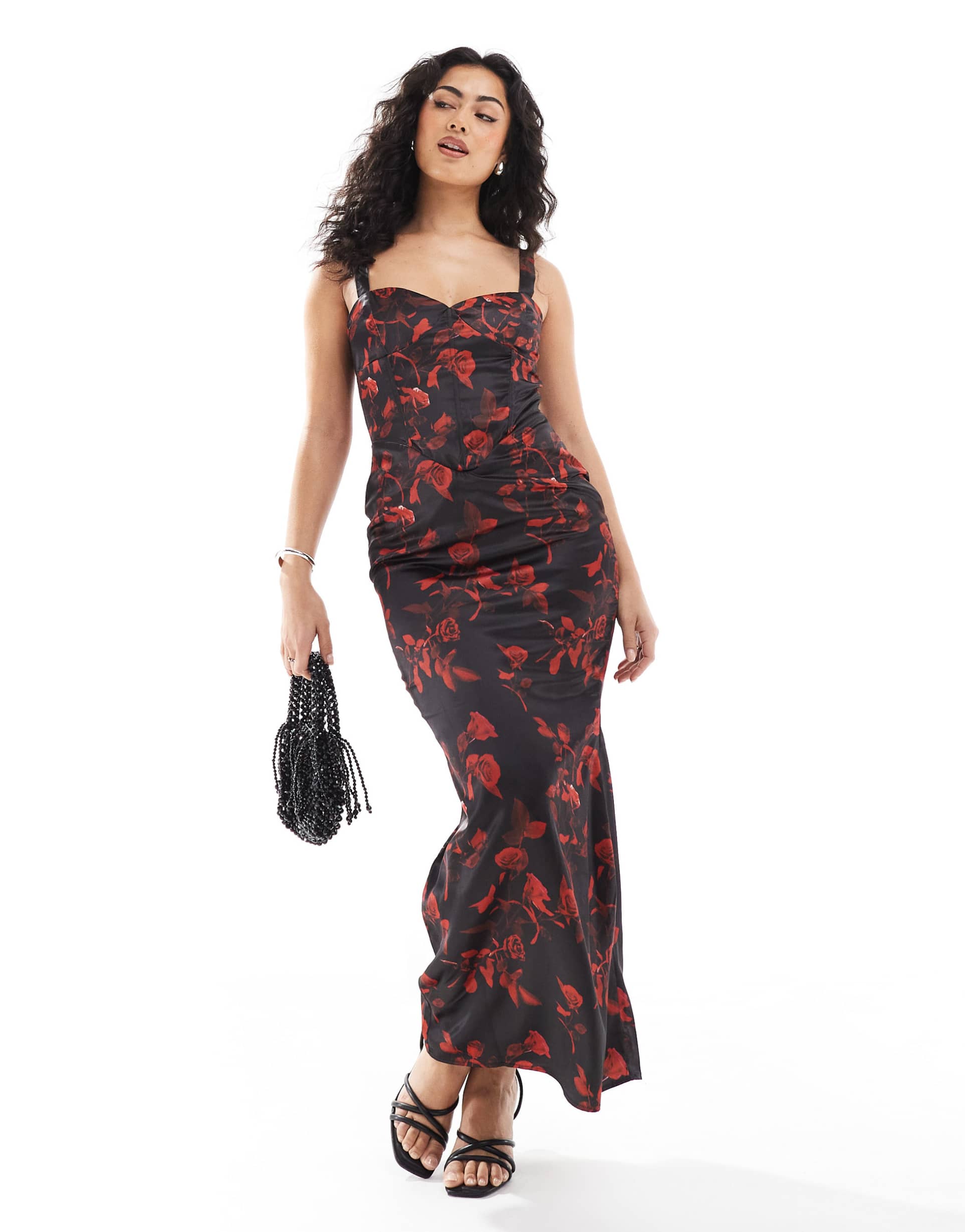 the frolic exclusive corset detail bodycon maxi dress in black rose print