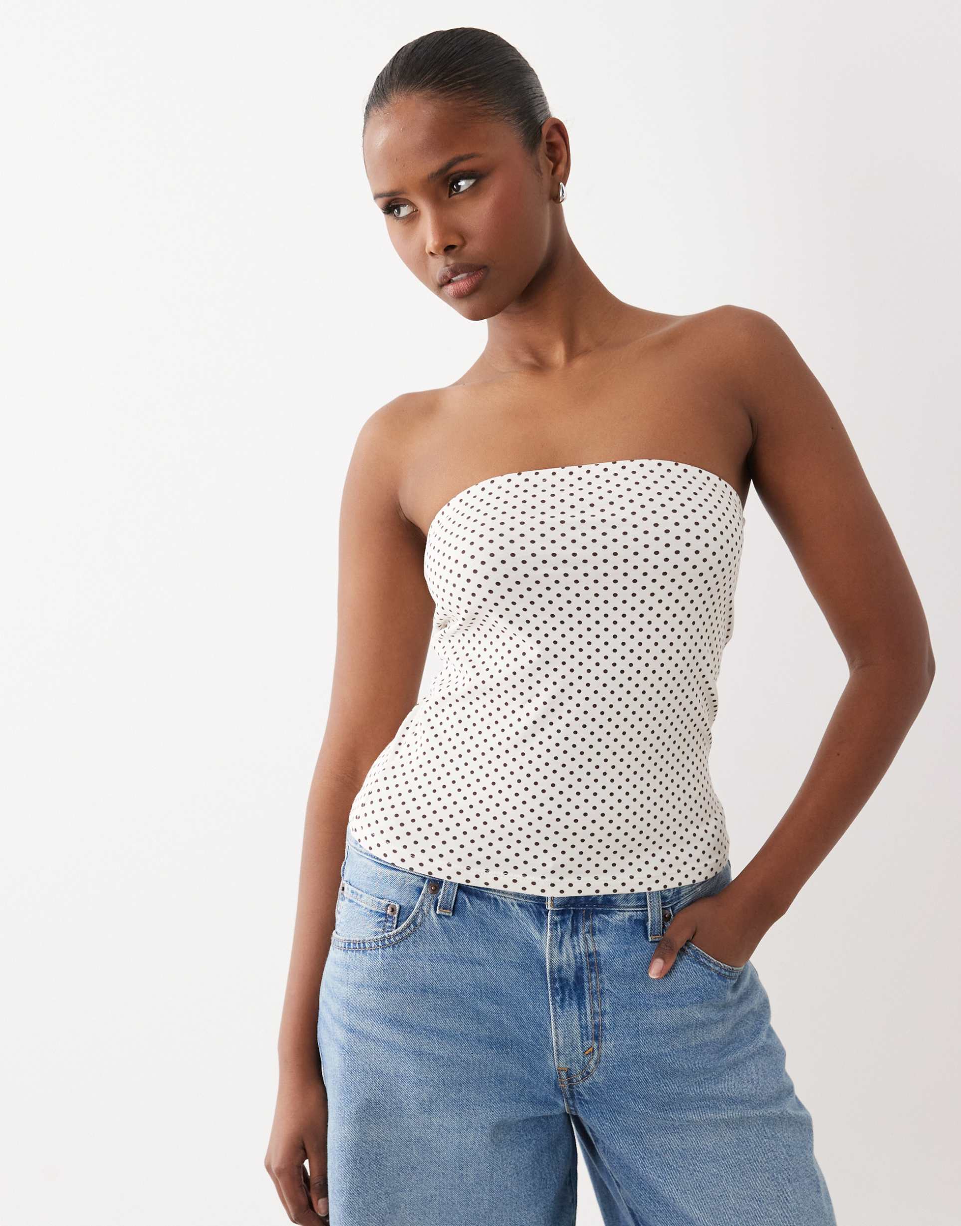 the frolic exclusive cotton bandeau top in cream polka dot
