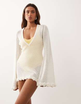 The Frolic exclusive cotton blend crochet plunge flower trim beach mini dress in