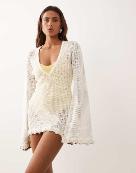 The Frolic exclusive cotton blend crochet plunge flower trim beach mini dress in cream