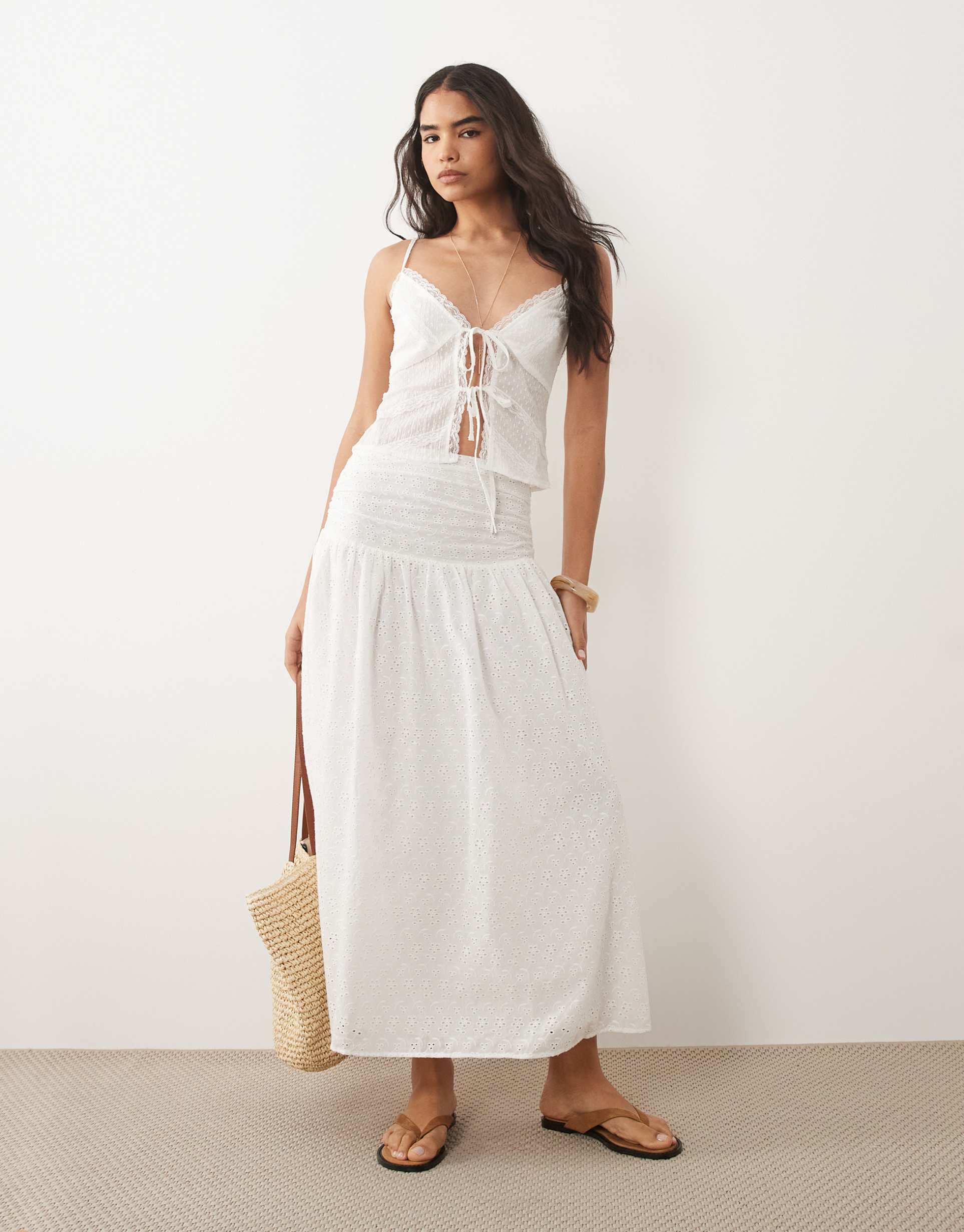 the frolic exclusive cotton broderie shirred drop waist maxi skirt in white