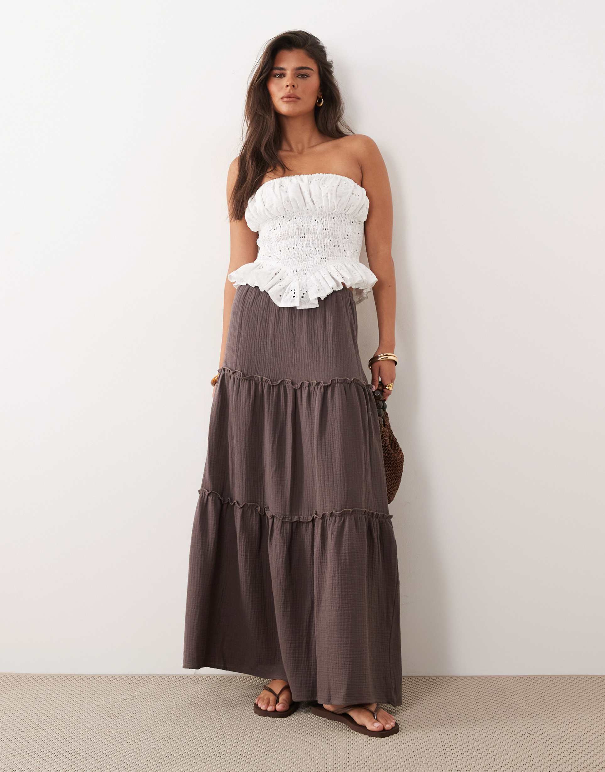 the frolic exclusive cotton cheesecloth tiered maxi skirt in chocolate