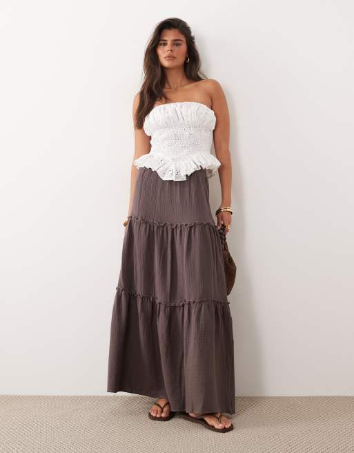 The Frolic exclusive cotton cheesecloth tiered maxi skirt in chocolate |  ASOS