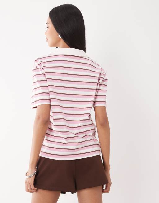 The Frolic exclusive cotton collared polo top in pink stripe, 3 of 4