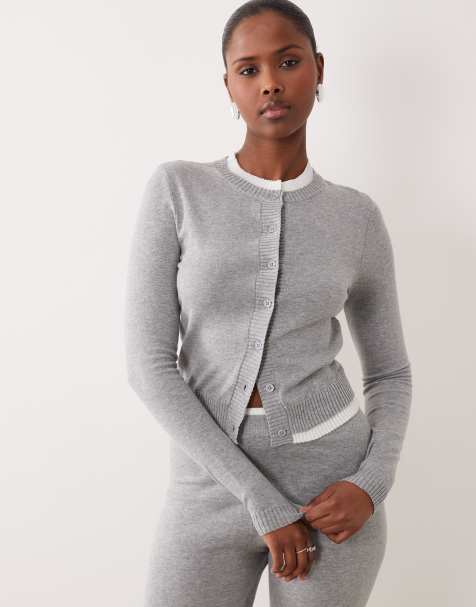 The Frolic exclusive cotton contrast trim button through cardigan co-ord in grey - view 1