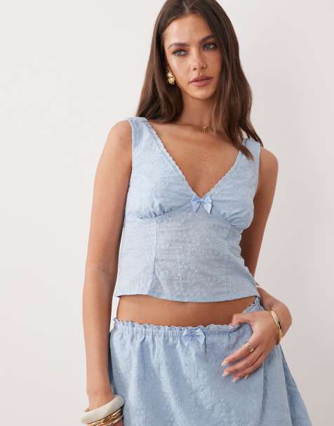 The Frolic Exclusive cotton lace trim bow detail plunge cami top in blue - part of a set - view 1